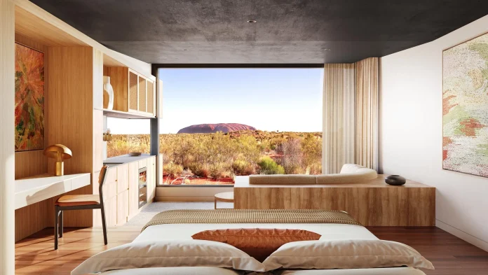 Ouverture T1 2028, Australie | Beckons annonce un nouveau lodge ultra-luxe à Uluru-Kata Tjuta Rendering of a Desert Suite with views of Uluṟu – credit VASTview