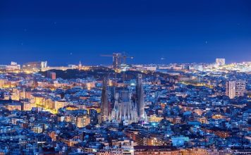 Barcelona skyline panorama at night, Spain