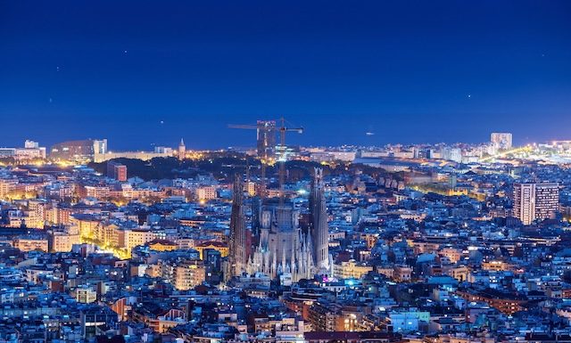 Barcelona skyline panorama at night, Spain