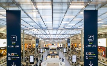 ROISSY, FRANCE - MAY 22, 2018: Charles de Gaulle Paris airport terminal. CDG is the largest international airport in France and second largest in Europe.