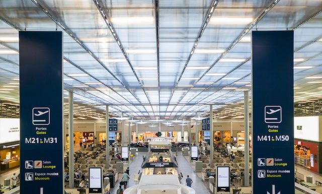 ROISSY, FRANCE - MAY 22, 2018: Charles de Gaulle Paris airport terminal. CDG is the largest international airport in France and second largest in Europe.