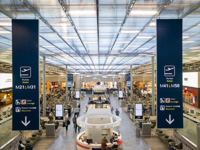 ROISSY, FRANCE - MAY 22, 2018: Charles de Gaulle Paris airport terminal. CDG is the largest international airport in France and second largest in Europe.