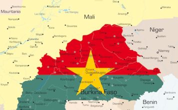 Abstract vector color map of Burkina Faso country colored by national flag