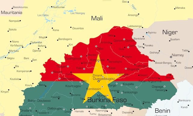 Abstract vector color map of Burkina Faso country colored by national flag