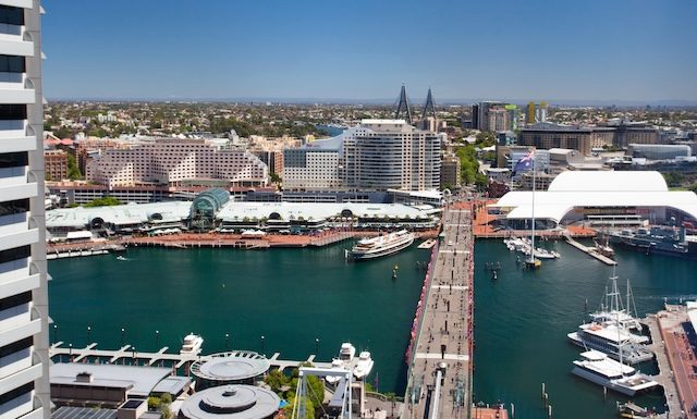 An aerial view from the CBD of Darling Harbour during the day in Sydney, Australia @ credit Depositphotos.com