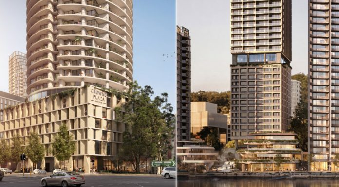 Architectural renderings of Crowne Plaza Newcastle and Hotel Indigo Gosford, two new IHG hotels in New South Wales.