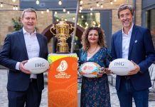 2027, Australia | IHG Hotels & Resorts Named Official Hotel Partner of the Rugby World Cup rom left: Kenneth Macpherson, Chief Executive Officer, Europe, Middle East, Asia and Africa, IHG Hotels & Resorts; Yasmin Diamond, Executive Vice President, Global Corporate Affairs, IHG Hotels & Resorts; and Michel Poussau, Chief Revenue Officer, World Rugby.