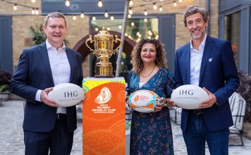 rom left: Kenneth Macpherson, Chief Executive Officer, Europe, Middle East, Asia and Africa, IHG Hotels & Resorts; Yasmin Diamond, Executive Vice President, Global Corporate Affairs, IHG Hotels & Resorts; and Michel Poussau, Chief Revenue Officer, World Rugby.