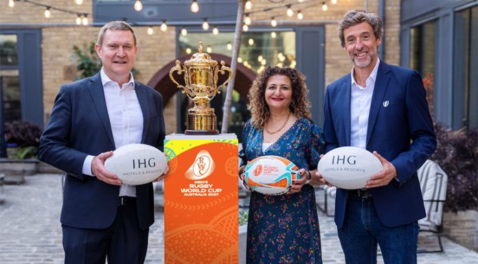 rom left: Kenneth Macpherson, Chief Executive Officer, Europe, Middle East, Asia and Africa, IHG Hotels & Resorts; Yasmin Diamond, Executive Vice President, Global Corporate Affairs, IHG Hotels & Resorts; and Michel Poussau, Chief Revenue Officer, World Rugby.