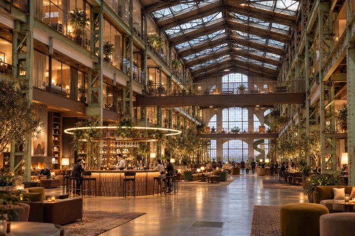 The hotel’s lobby and bar creates a vibrant new destination for guests, visitors, and the local community. The hotel’s lobby and bar creates a vibrant new destination for guests, visitors, and the local community.