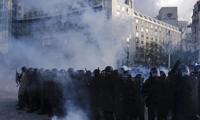 Riot police clashed with protestors during a demonstration in a national strike against government plans to revamp the pension system in central Paris, France on April 06, 2023.
